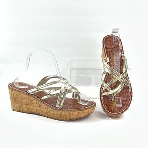 Sam Edelman Reana Sandals Shoes Womens 9 Light Gold Cork Wedge Strappy Casual